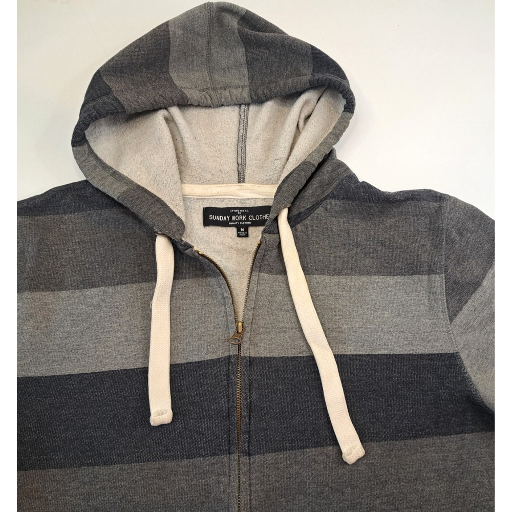 Sunday Work Clothes Striped Full Zip Hoodie Mens M  Gray Navy Cotton Blend